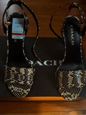 Coach Leopard-Pattern Open-Toe Ankle-Strap Heels in Black & Cream